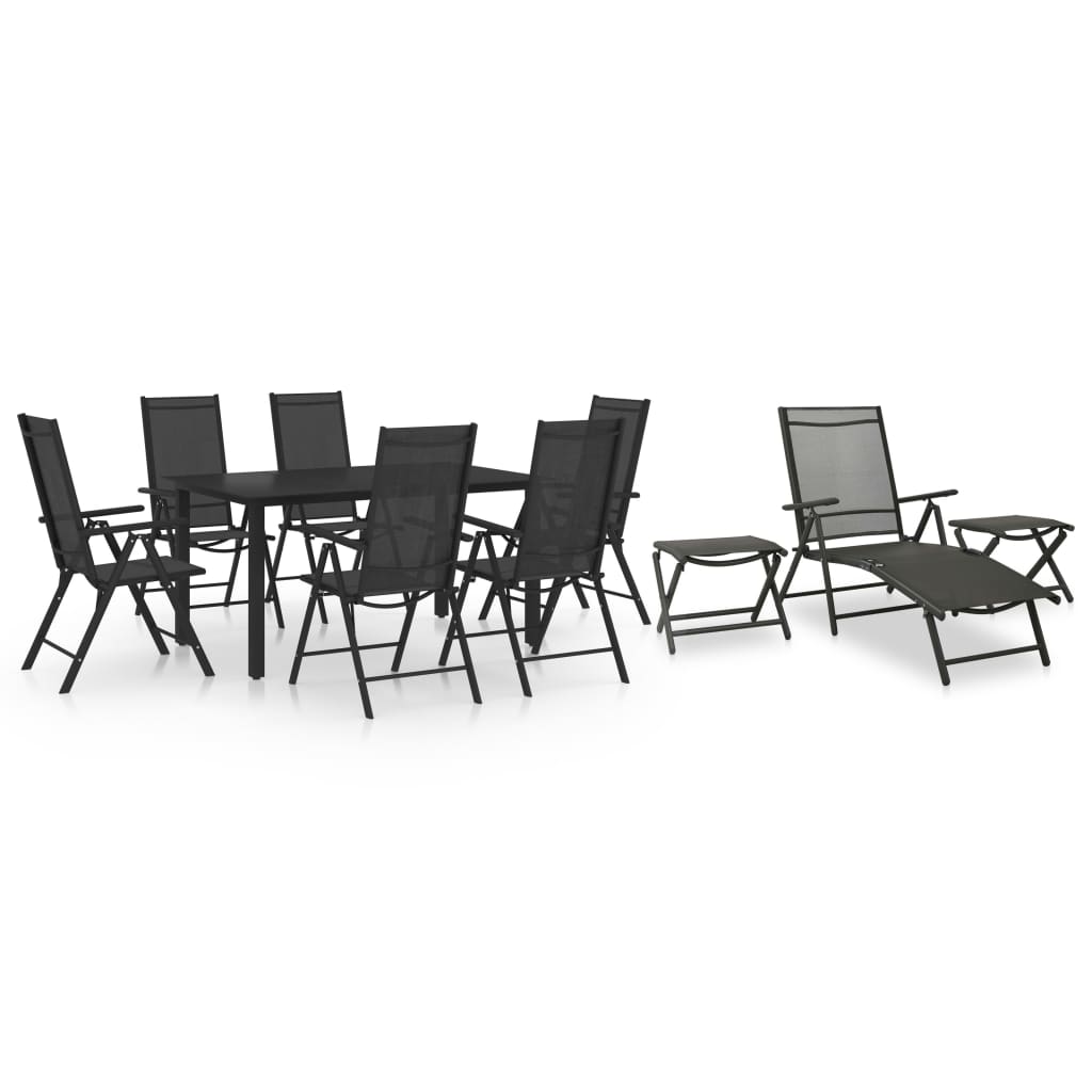 vidaXL Dining Set | Black | Aluminium | 10 Piece Set | Adjustable Footrests