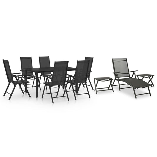 vidaXL Dining Set | Black | Aluminium | 10 Piece Set | Adjustable Footrests
