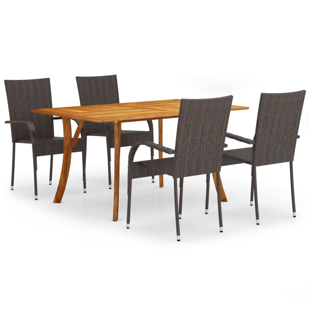 vidaXL Dining Set | Brown | Solid acacia wood, PE rattan, powder-coated steel