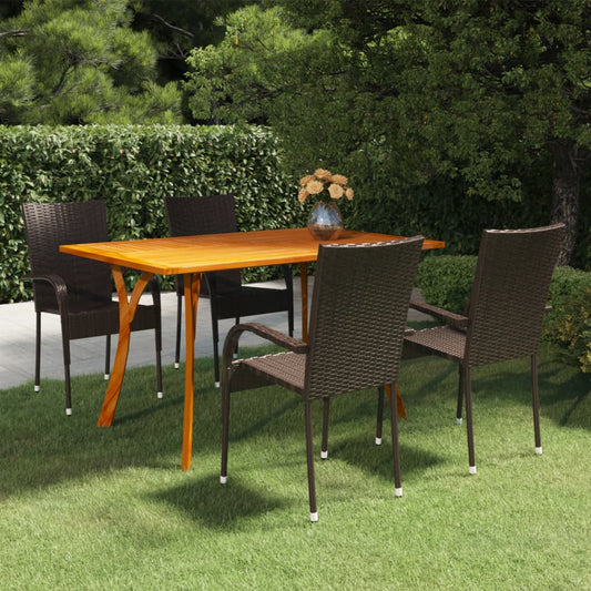 vidaXL Dining Set | Brown | Solid acacia wood, PE rattan, powder-coated steel