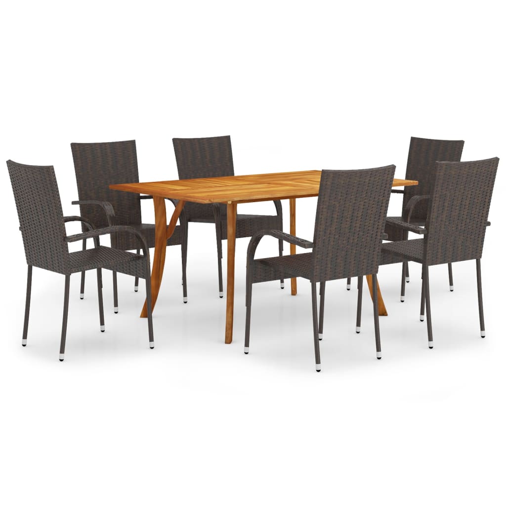 vidaXL Dining Set | Brown | Solid acacia wood, PE rattan, Powder-coated steel