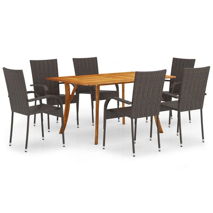 vidaXL Dining Set | Brown | Solid acacia wood, PE rattan, Powder-coated steel
