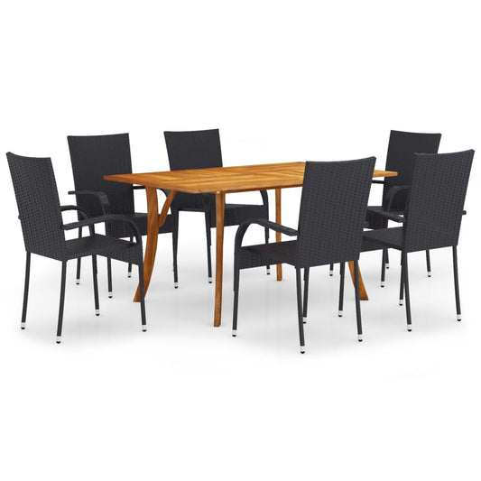 vidaXL Dining Set | Black | Solid Acacia Wood, PE Rattan | 7 Piece | Stackable