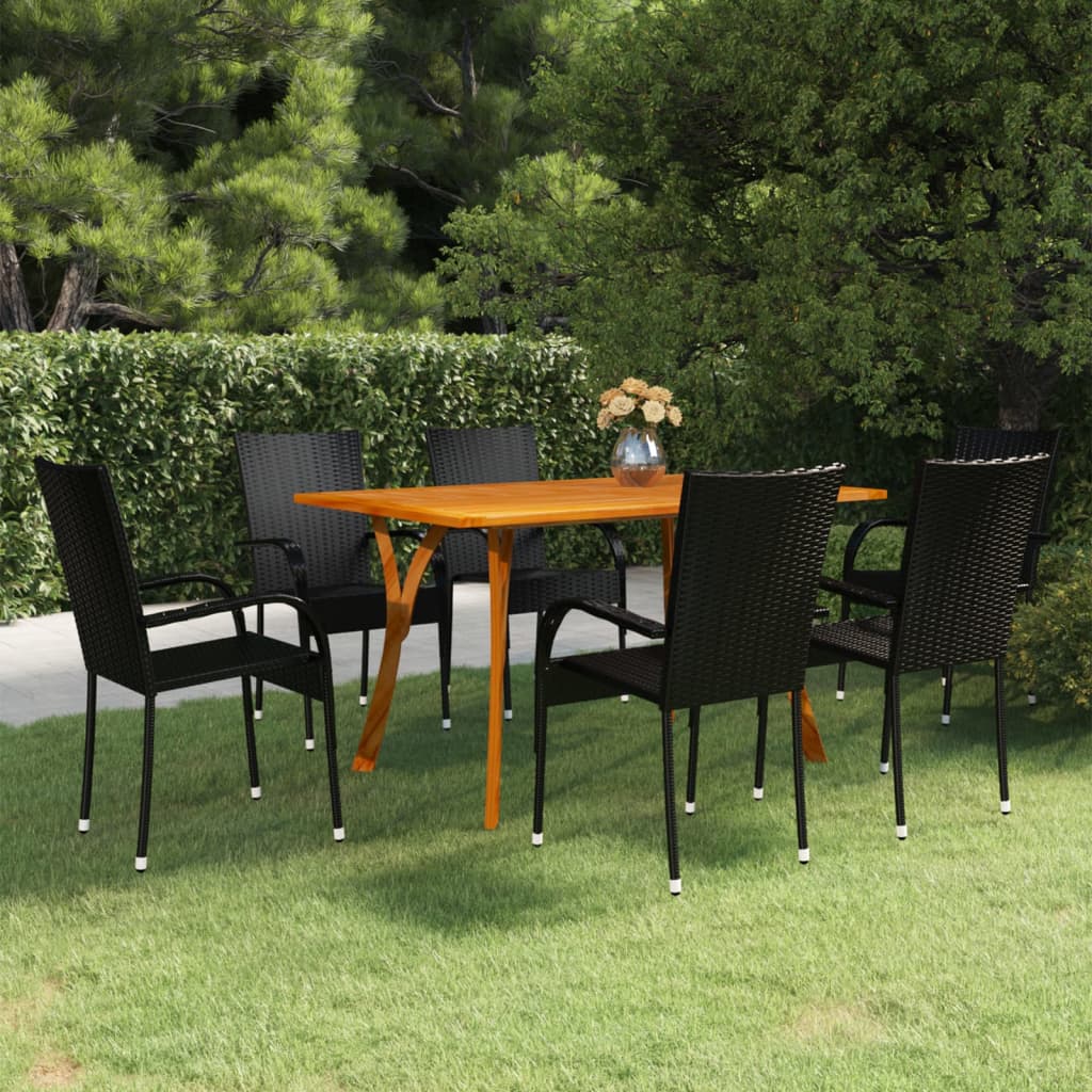 vidaXL Dining Set | Black | Solid Acacia Wood, PE Rattan | 7 Piece | Stackable