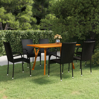 vidaXL Dining Set | Black | Solid Acacia Wood, PE Rattan | 7 Piece | Stackable