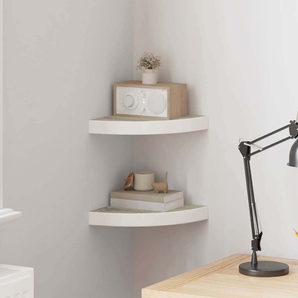 326631 vidaXL Wall Corner Shelves 2 pcs Oak and White 25x25x3,8 cm MDF