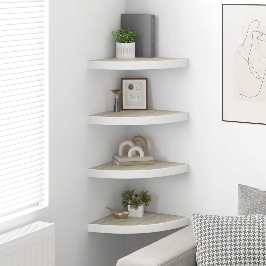 vidaXL Wall Corner Shelf | Set of 4 | Oak and White | Honeycomb MDF, Metal