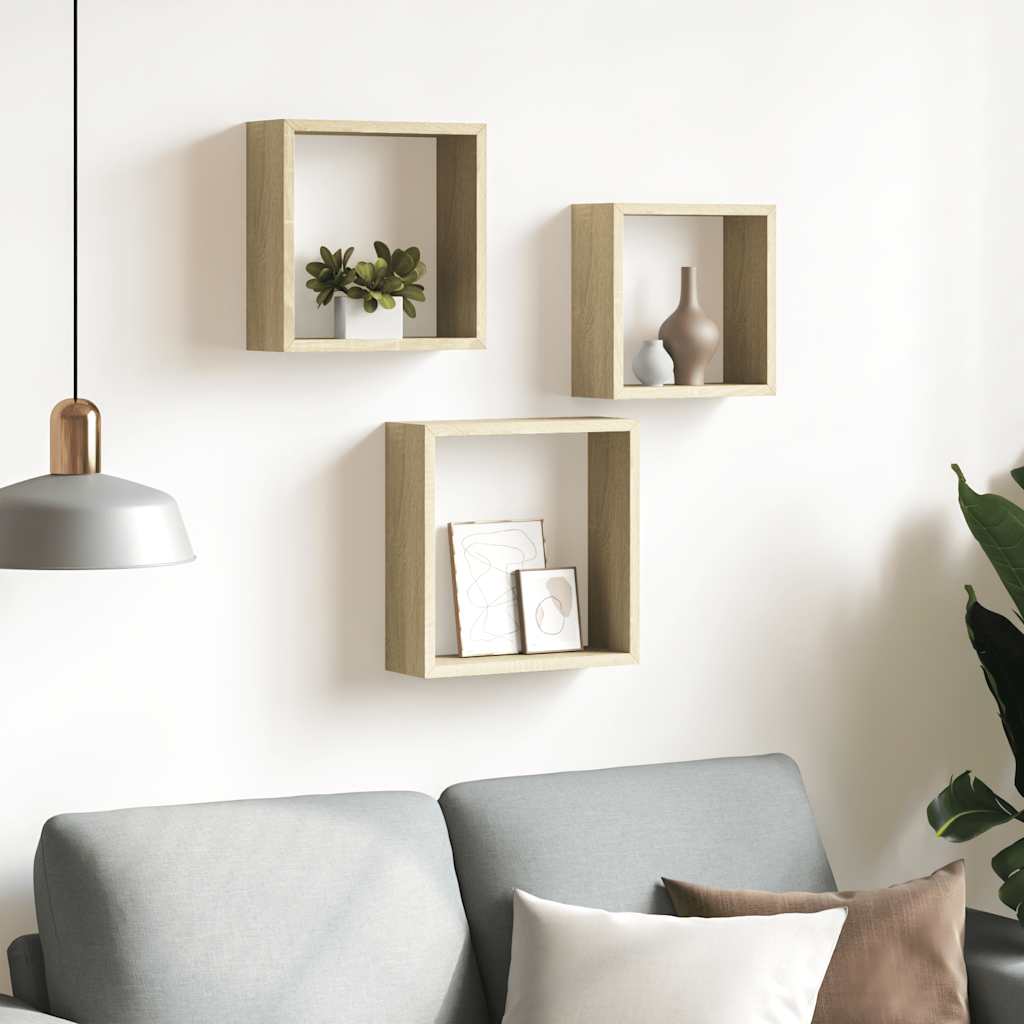 vidaXL Wall Cube Shelf | Set of 3 | Sonoma oak | MDF | Large, Medium, Small