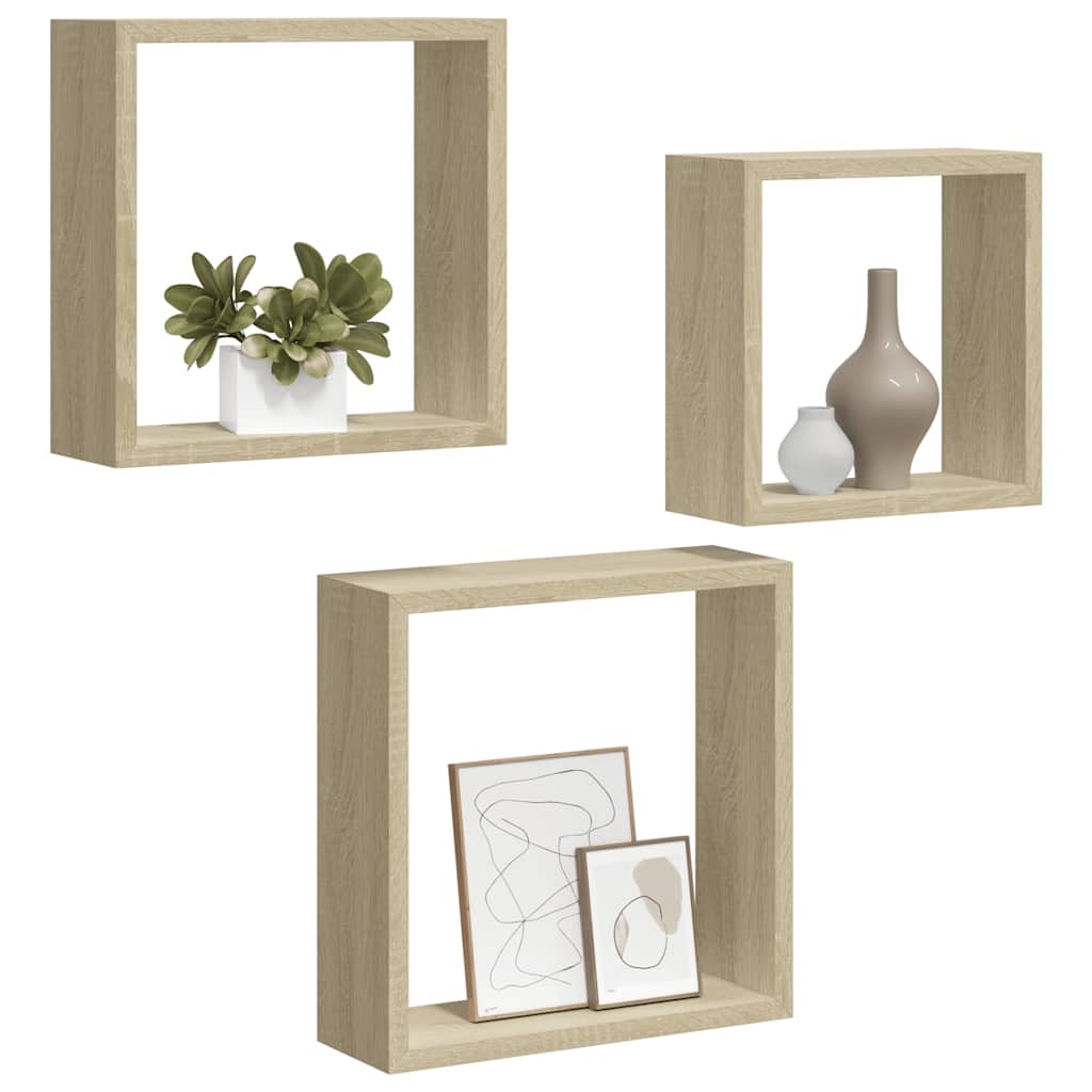vidaXL Wall Cube Shelf | Set of 3 | Sonoma oak | MDF | Large, Medium, Small
