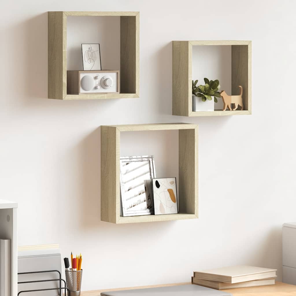 vidaXL Wall Cube Shelf | Set of 3 | Sonoma oak | MDF | Large, Medium, Small