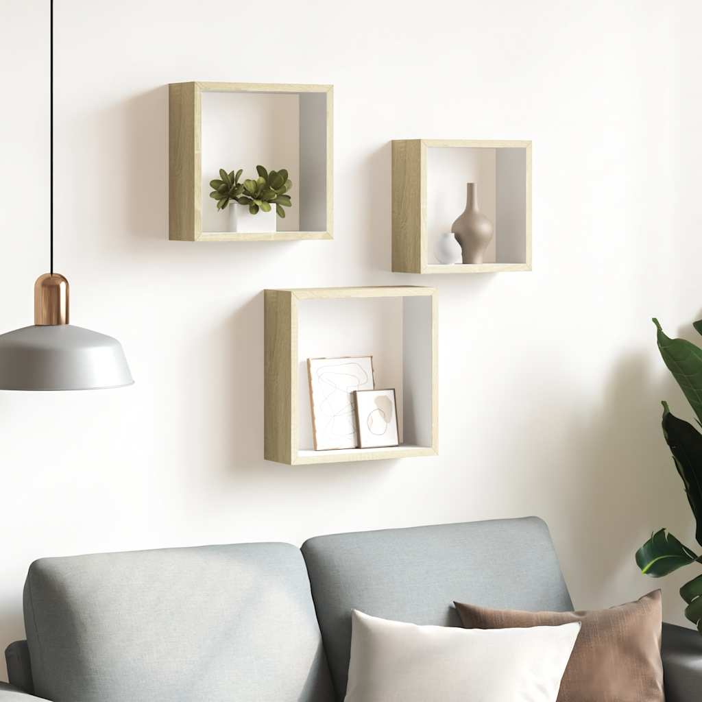 vidaXL Wall Cube Shelves 3 pcs White and Sonoma Oak