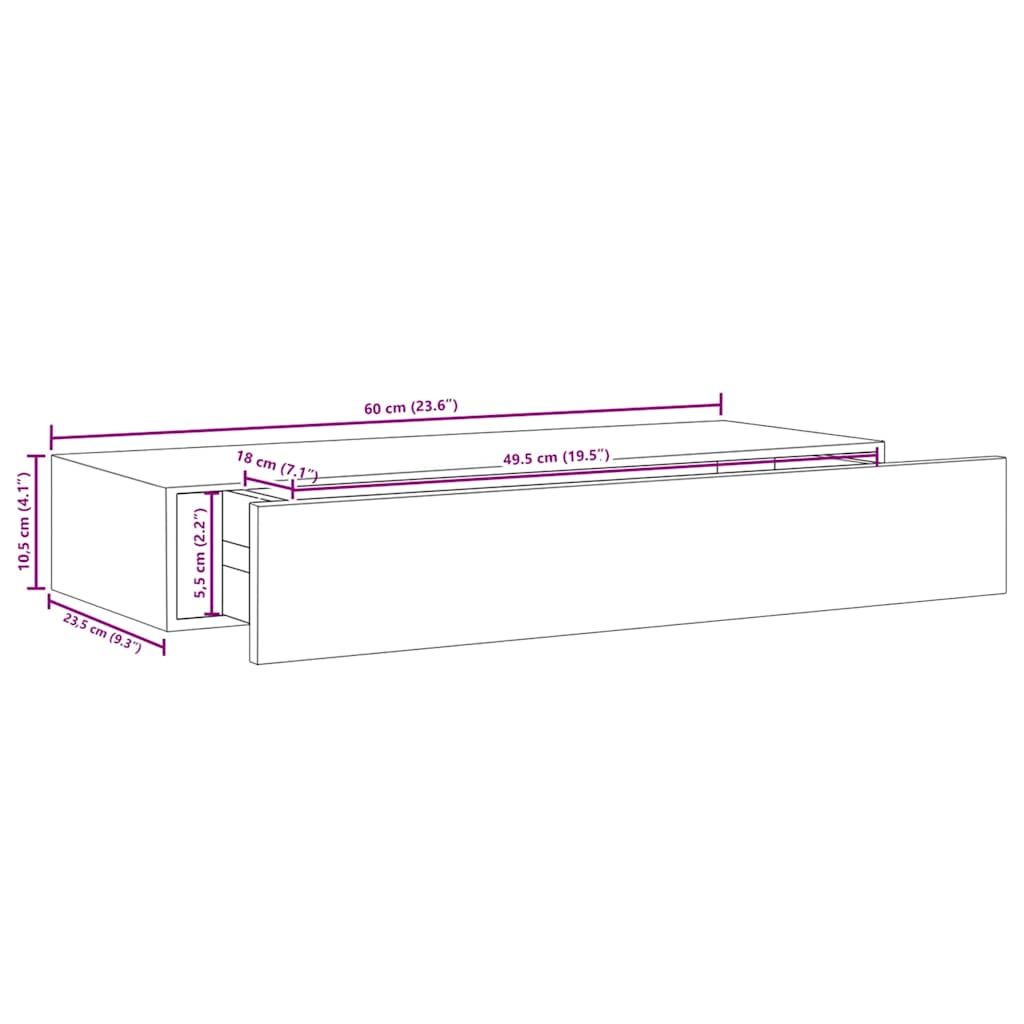 vidaXL Wall-mounted Drawer Shelf Concrete Grey 60x23.5x10cm MDF