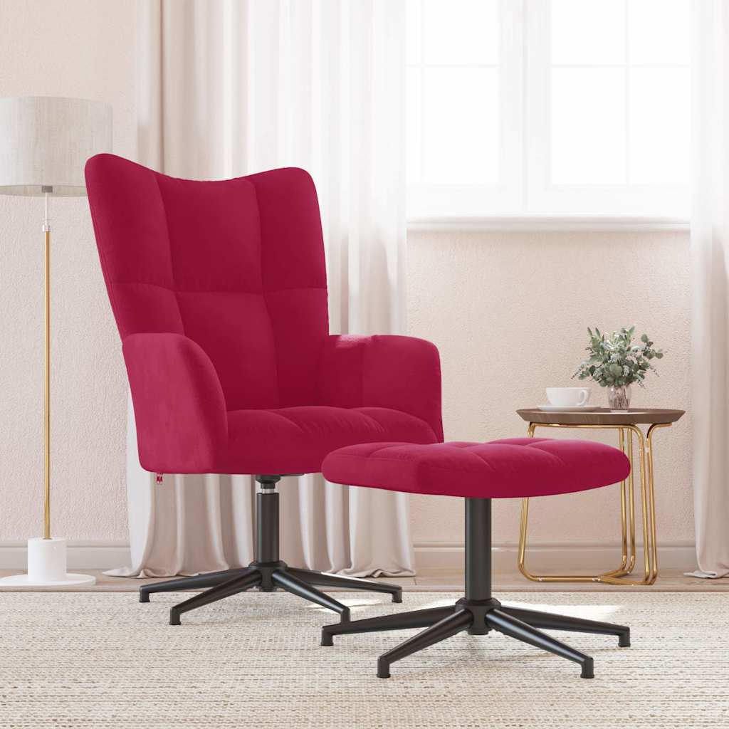 vidaXL Relaxing Chair with a Stool Wine Red Velvet