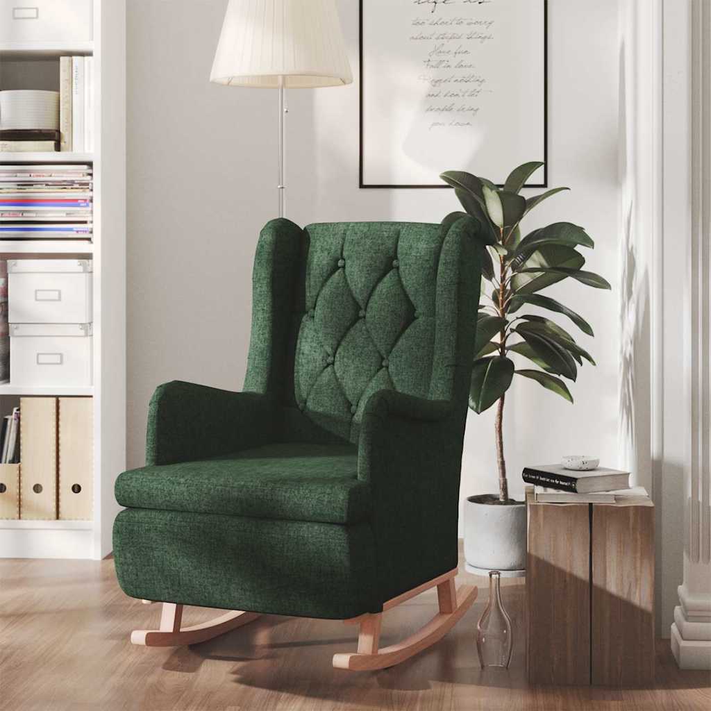 vidaXL Armchair with Solid Rubber Wood Rocking Legs Dark Green Fabric