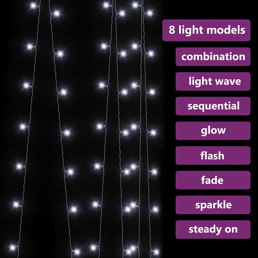 328928 vidaXL LED Curtain Fairy Lights 3x3m 300 LED Cold White 8 Function