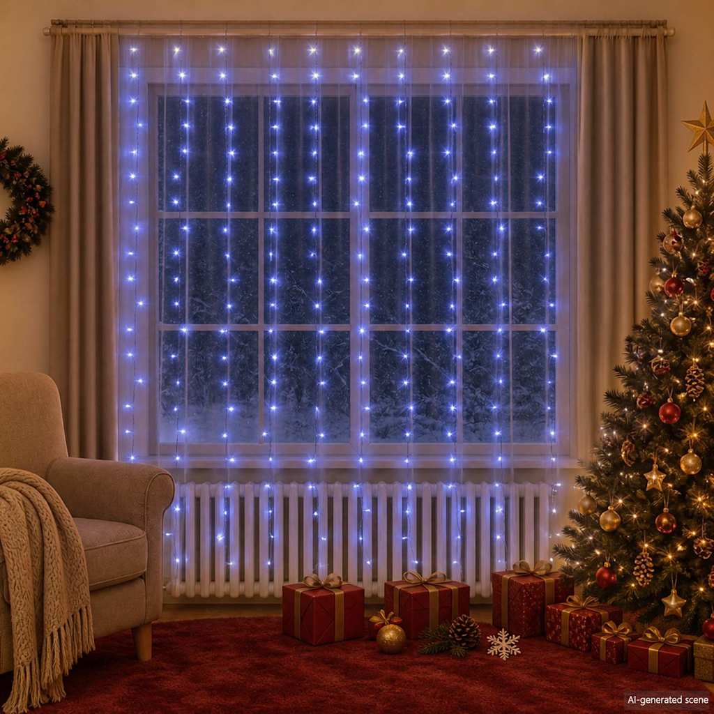 328930 vidaXL LED Curtain Fairy Lights 3x3m 300 LED Blue 8 Function
