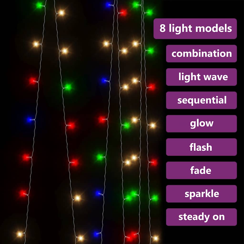 328932 vidaXL LED Curtain Fairy Lights 3x3m 300 LED Colourful 8 Function