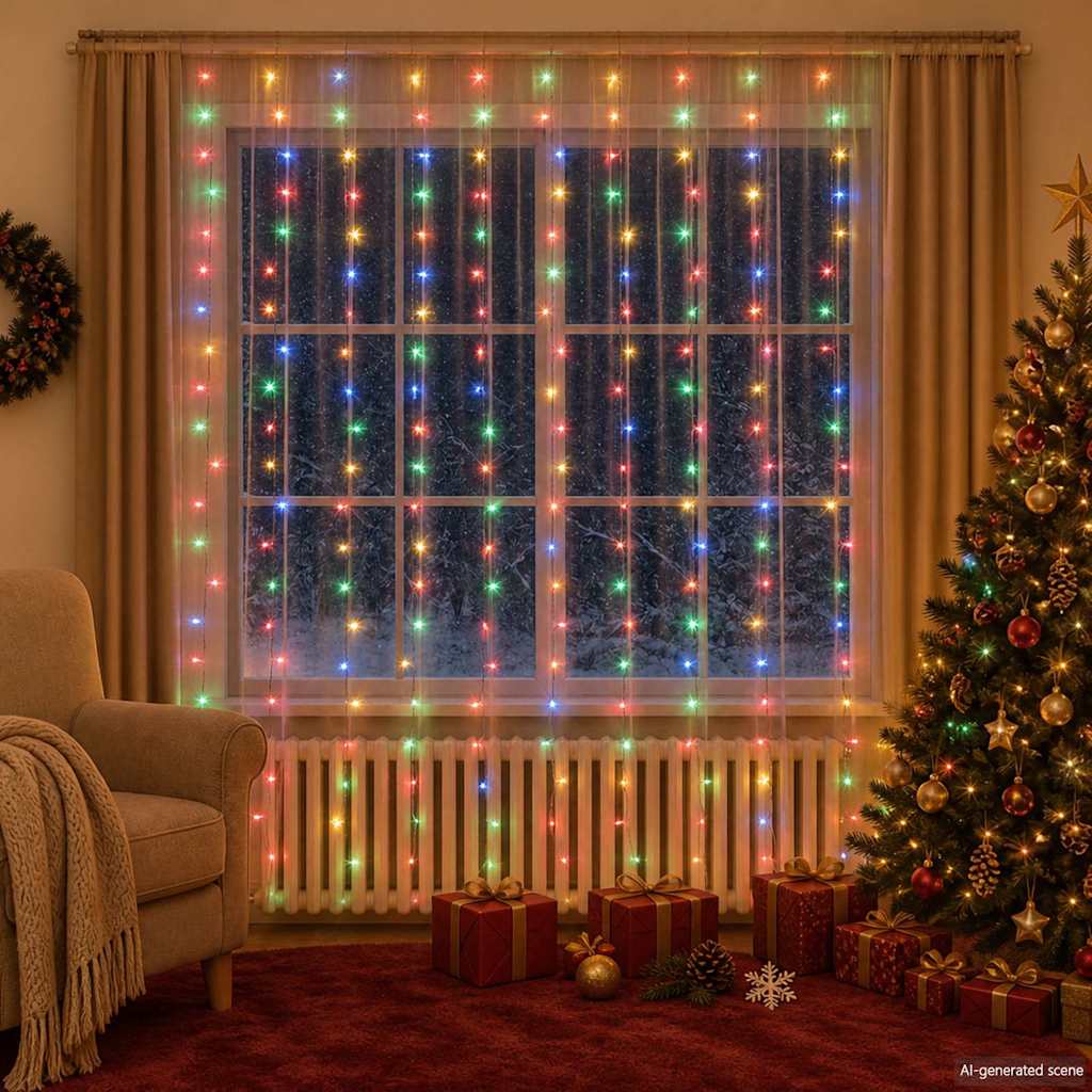328932 vidaXL LED Curtain Fairy Lights 3x3m 300 LED Colourful 8 Function