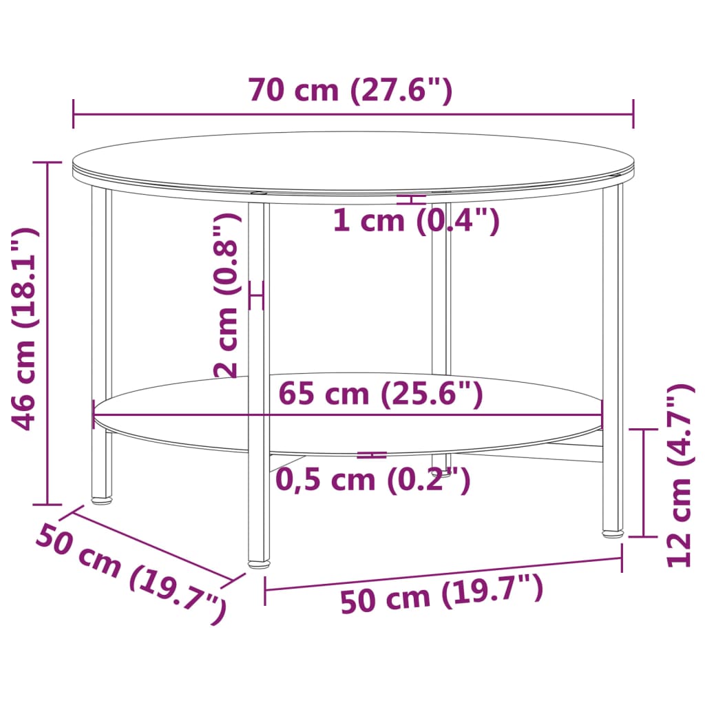 vidaXL Tea Table Black and Transparent 70 cm Tempered Glass