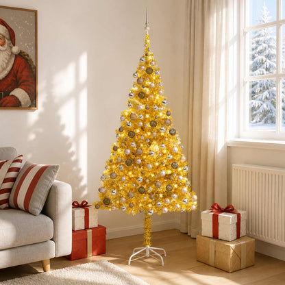 vidaXL Artificial Pre-lit Christmas Tree with Ball Set Gold 210 cm PET