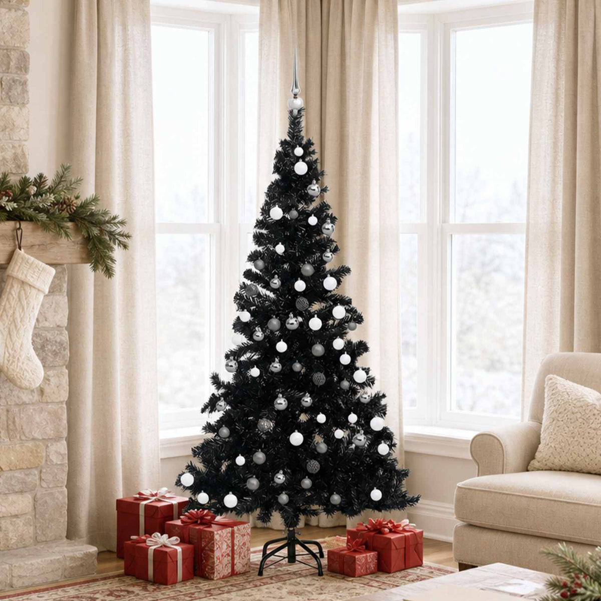 vidaXL Artificial Pre-lit Christmas Tree with Ball Set Black 150 cm PVC