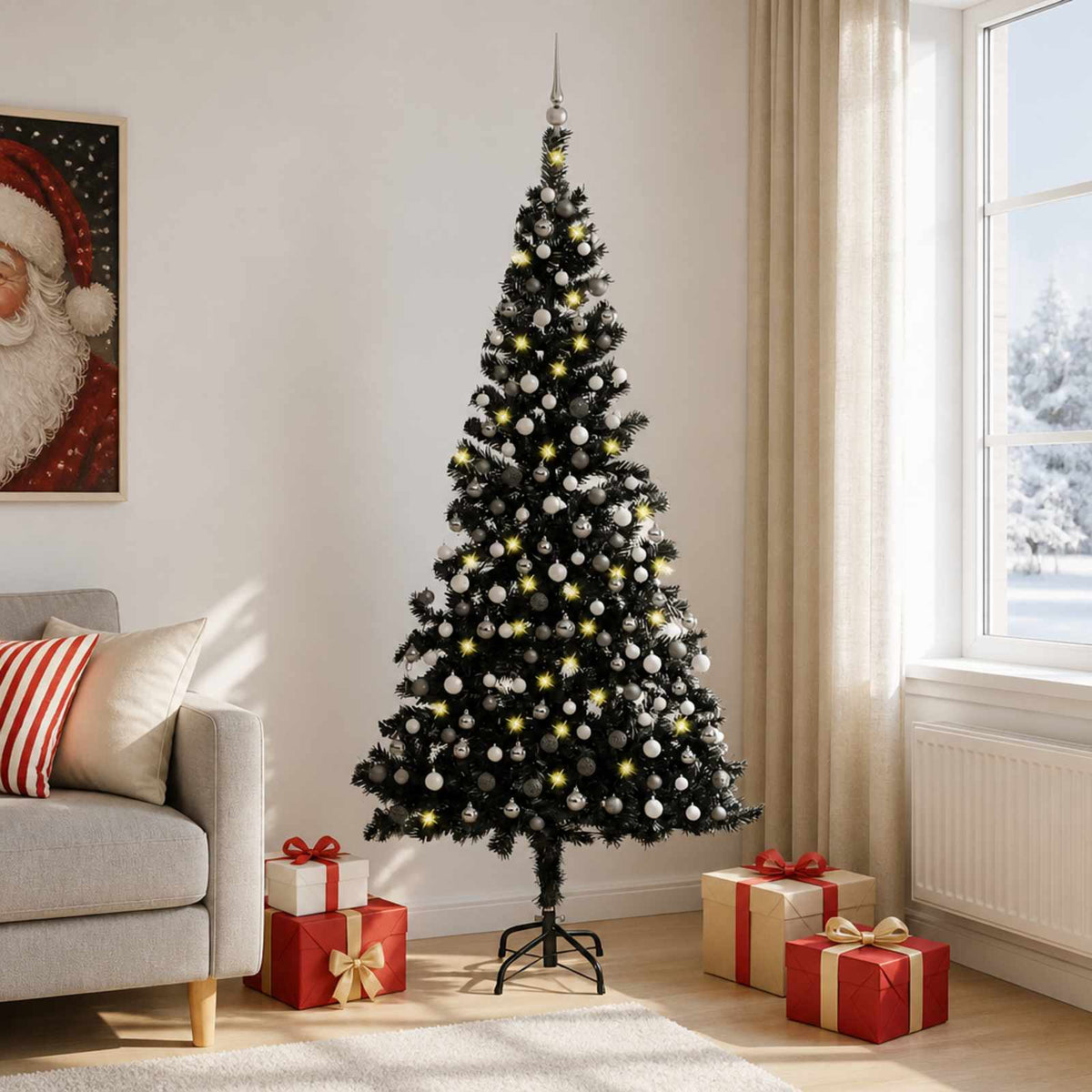 vidaXL Artificial Pre-lit Christmas Tree with Ball Set Black 210cm PVC