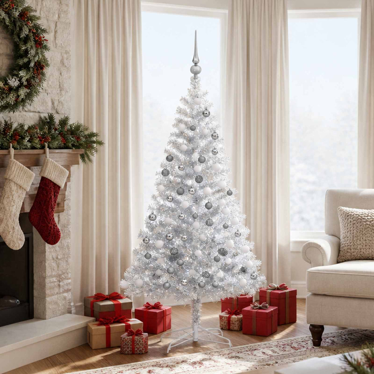 vidaXL Artificial Pre-lit Christmas Tree with Ball Set Silver 150 cm PET