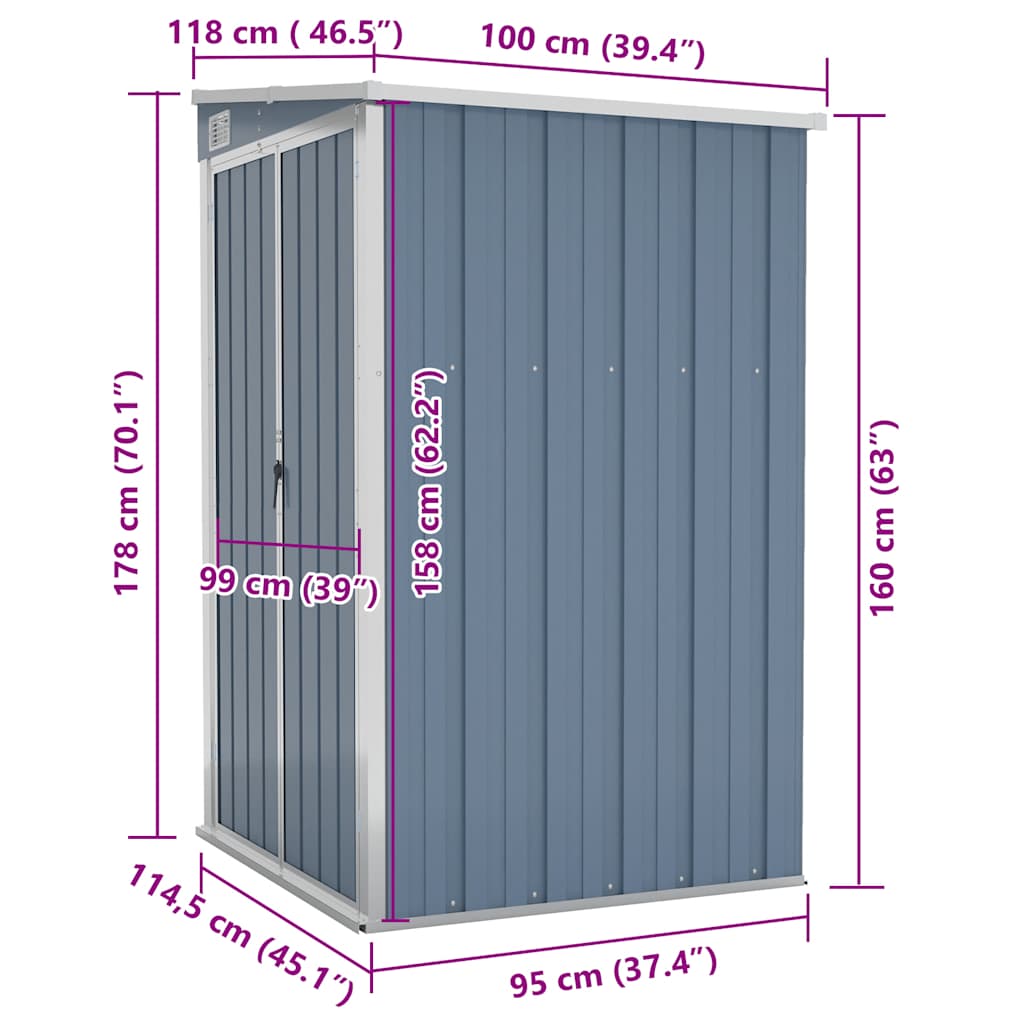 vidaXL Wall-mounted Garden Shed Grey 118x100x178 cm Galvanised Steel