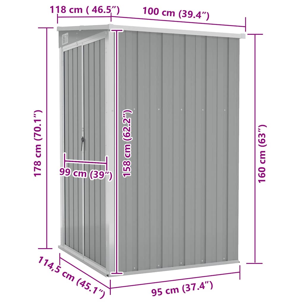 vidaXL Wall-mounted Garden Shed Grey 118x100x178 cm Galvanised Steel