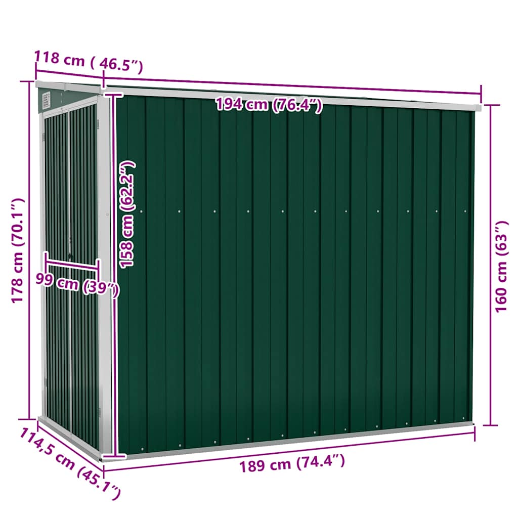 vidaXL Wall-mounted Garden Shed Green 118x194x178 cm Galvanised Steel