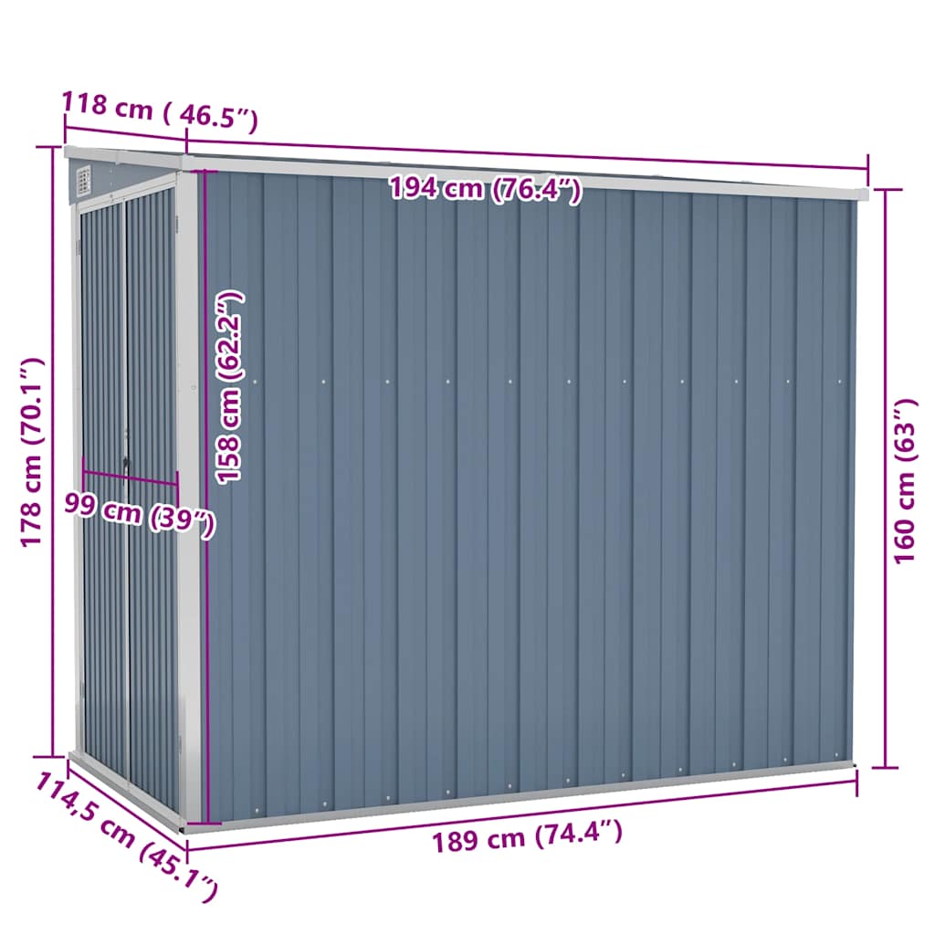 vidaXL Wall-mounted Garden Shed Grey 118x194x178 cm Galvanised Steel