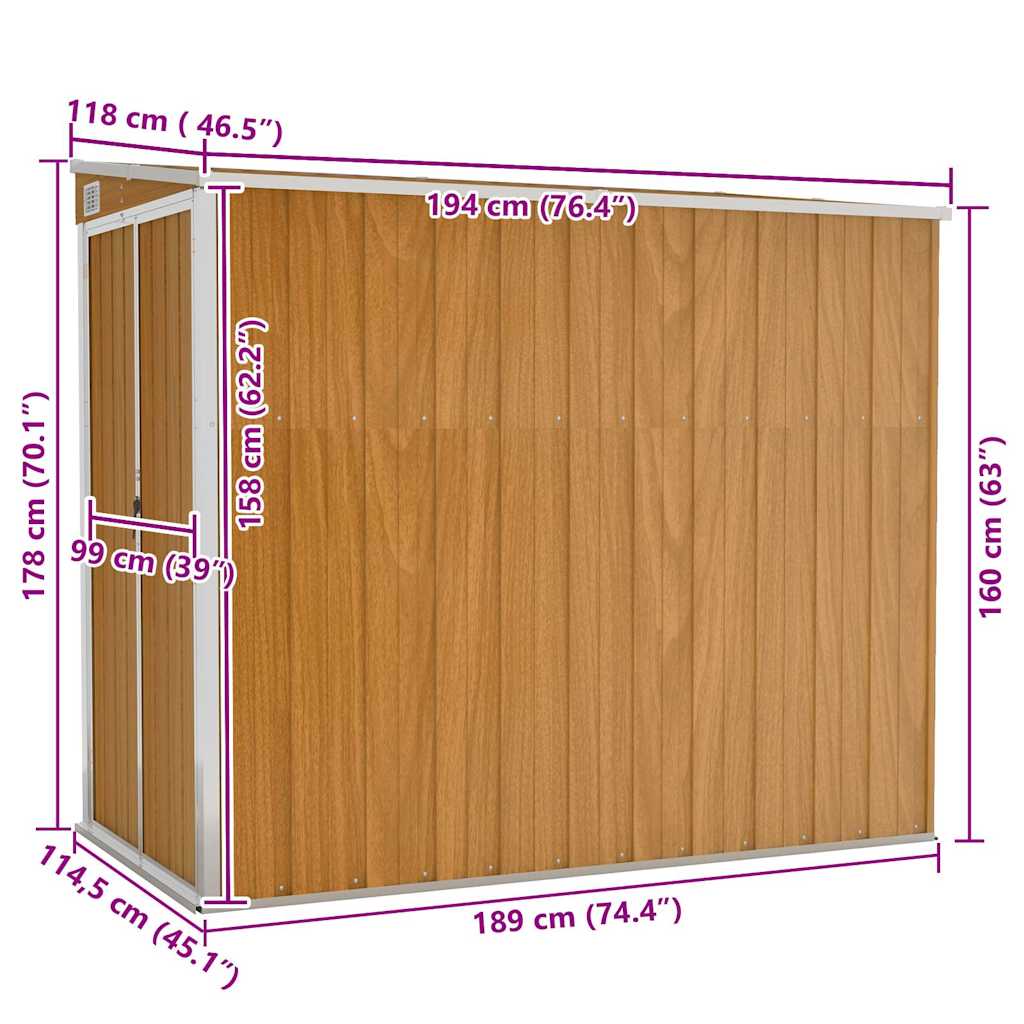 vidaXL Wall-mounted Garden Shed Brown 118x194x178 cm Galvanised Steel