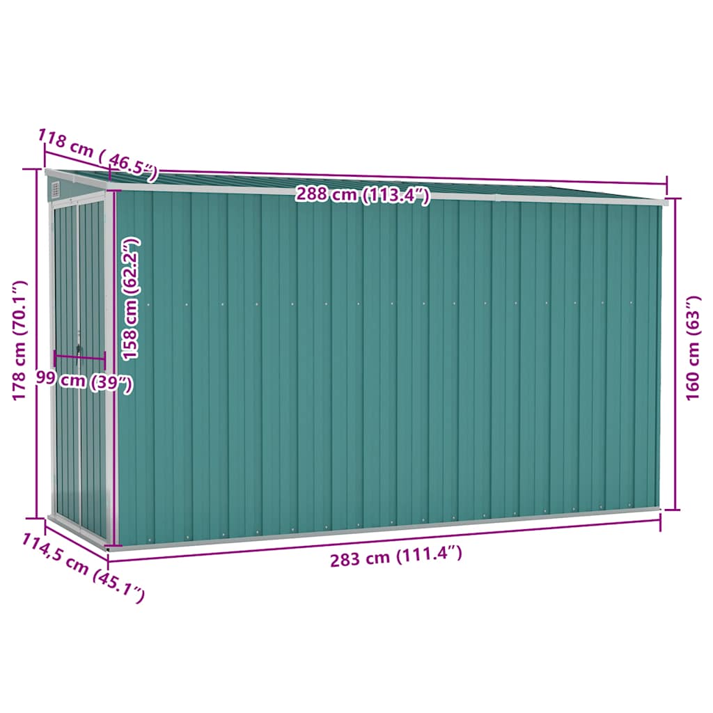vidaXL Wall-mounted Garden Shed Green 118x288x178 cm Galvanised Steel