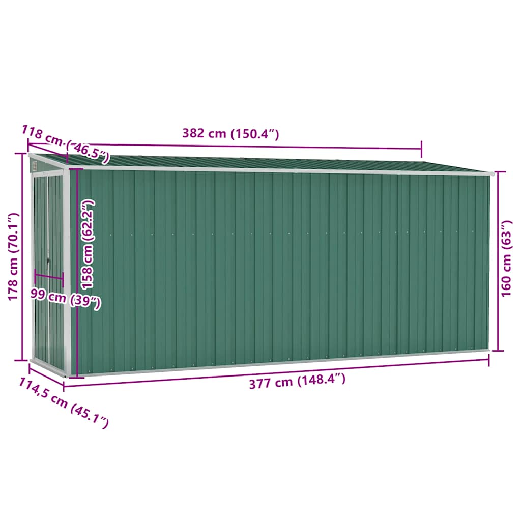 vidaXL Wall-mounted Garden Shed Green 118x382x178 cm Galvanised Steel
