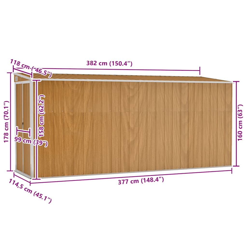 vidaXL Wall-mounted Garden Shed Brown 118x382x178 cm Galvanised Steel