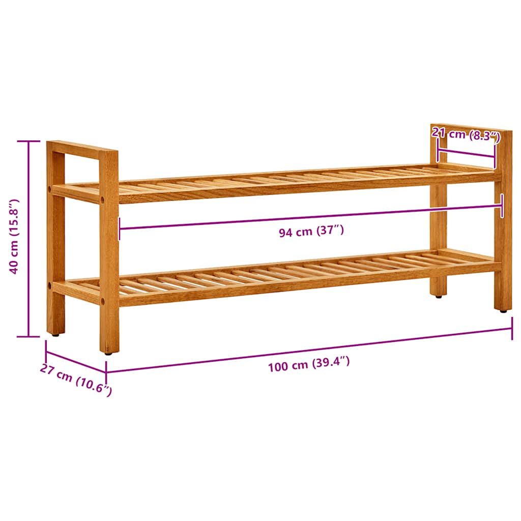 vidaXL Shoe Rack with 2 Shelves 100x27x40 cm Solid Oak Wood