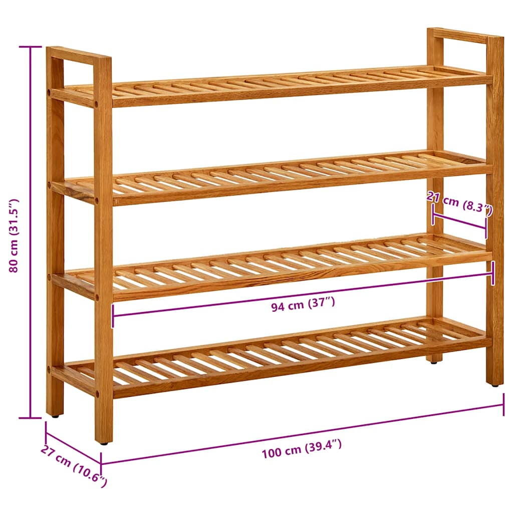 vidaXL Shoe Rack with 4 Shelves 100x27x80 cm Solid Oak Wood
