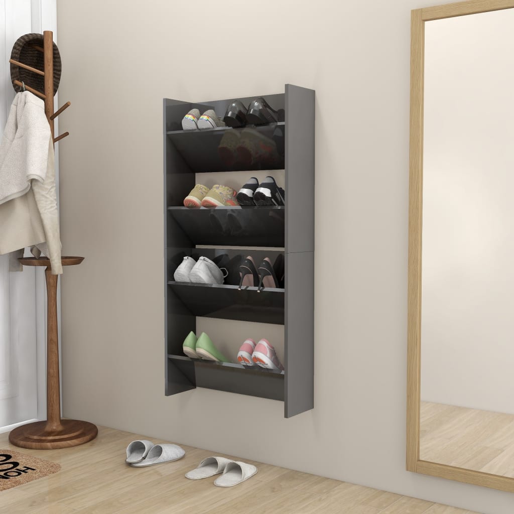 vidaXL Wall Shoe Cabinets 2 pcs High Gloss Grey 60x18x60 cm Engineered Wood
