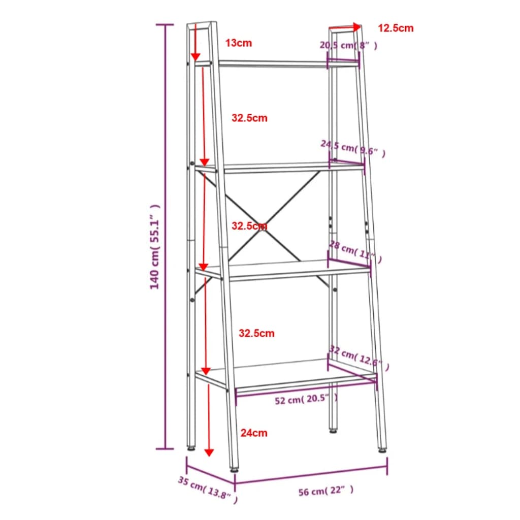 vidaXL 4-Tier Standing Shelf Dark Brown and Black 56x35x140 cm