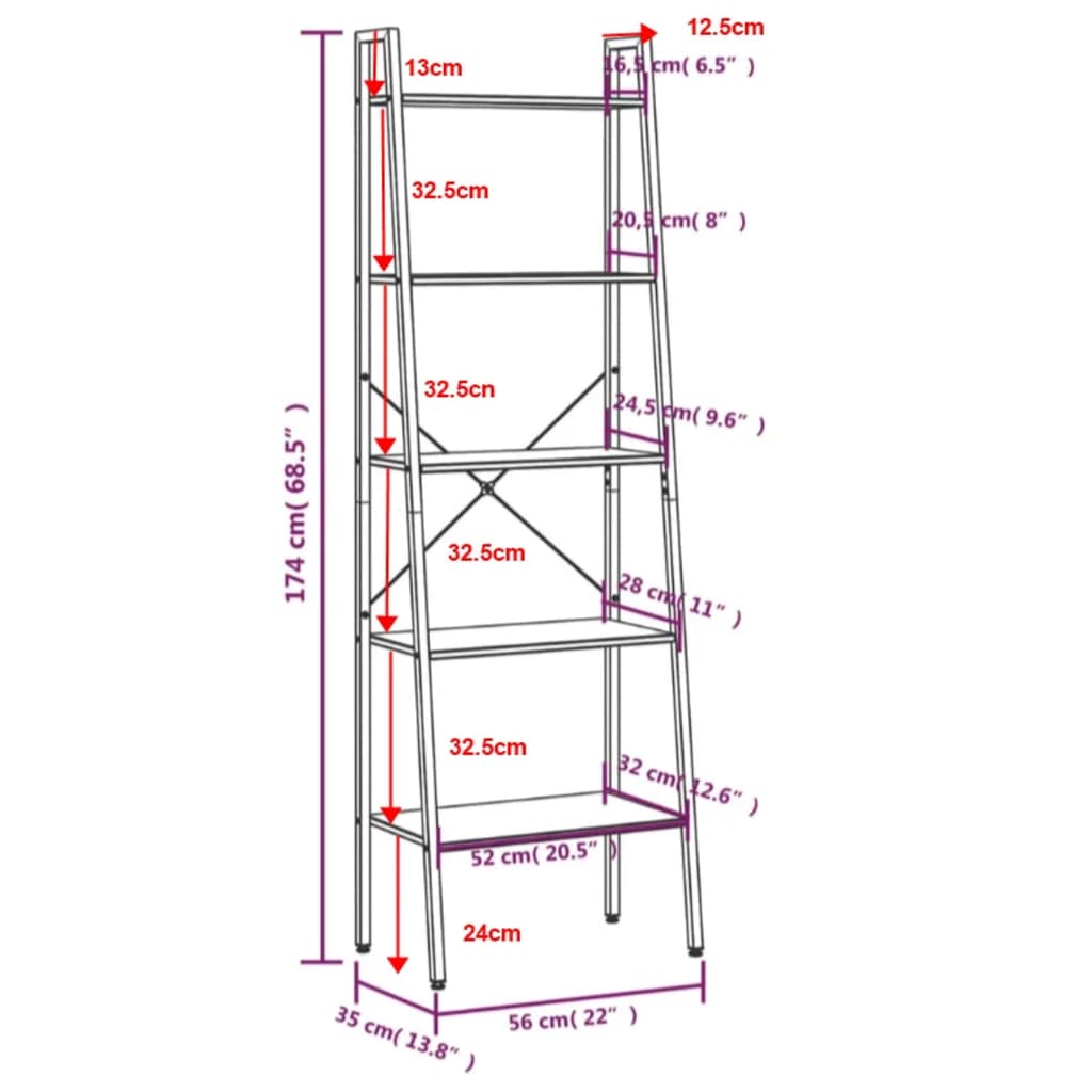 vidaXL 5-Tier Standing Shelf Dark Brown and Black 56x35x174 cm