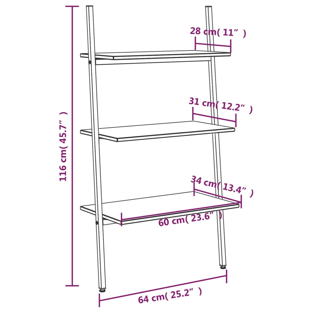 vidaXL 3-Tier Leaning Shelf Black 64x34x116 cm