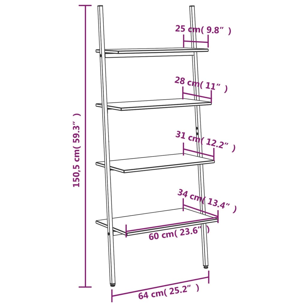 vidaXL 4-Tier Leaning Shelf Dark Brown and Black 64x34x150.5 cm