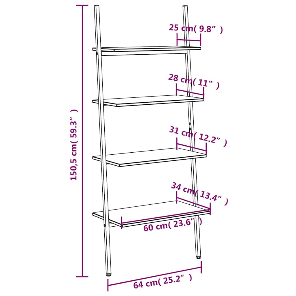 vidaXL 4-Tier Leaning Shelf Black 64x34x150,5 cm