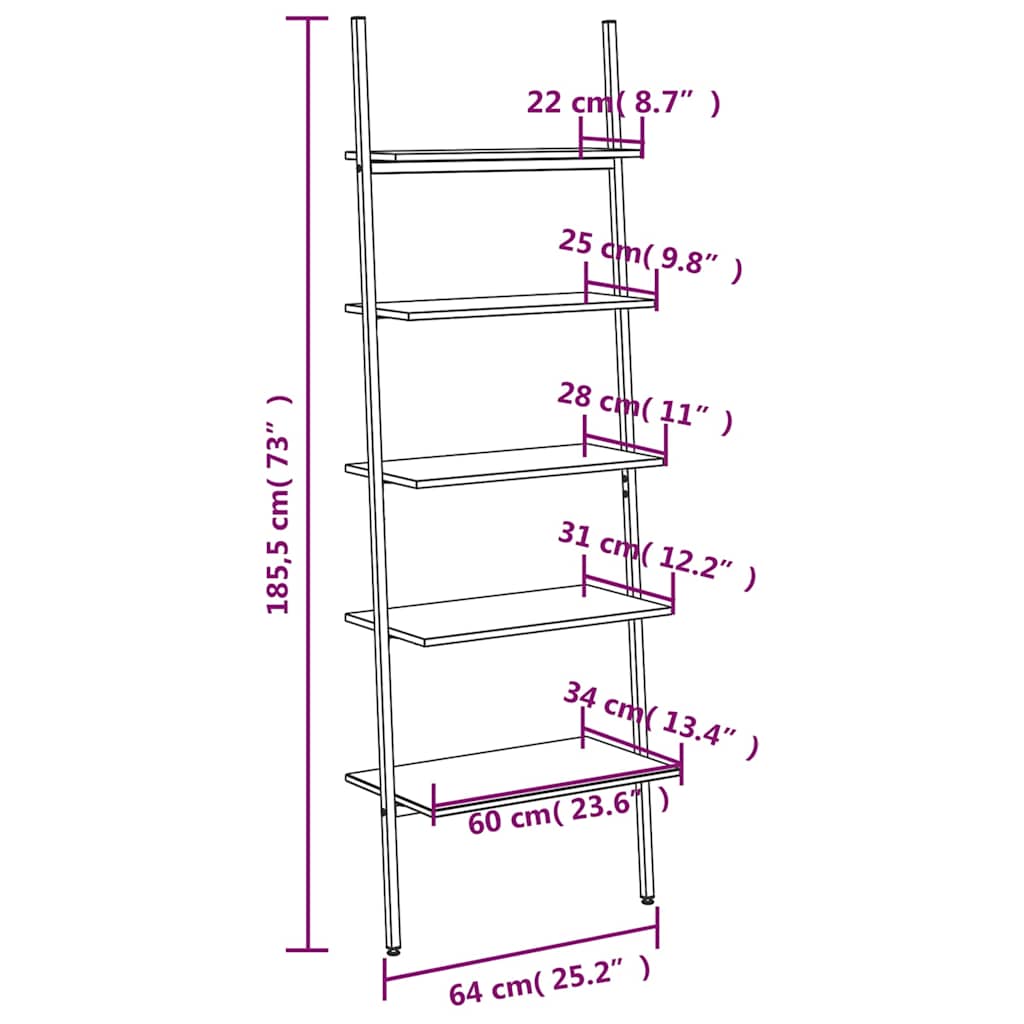 vidaXL 5-Tier Leaning Shelf Dark Brown and Black 64x34x185,5 cm