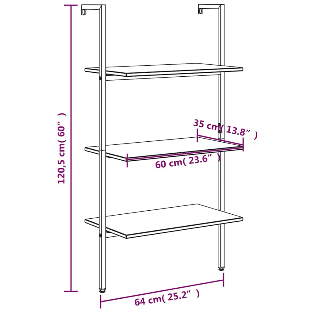 vidaXL 3-Tier Leaning Shelf Dark Brown and Black 64x35x120,5 cm