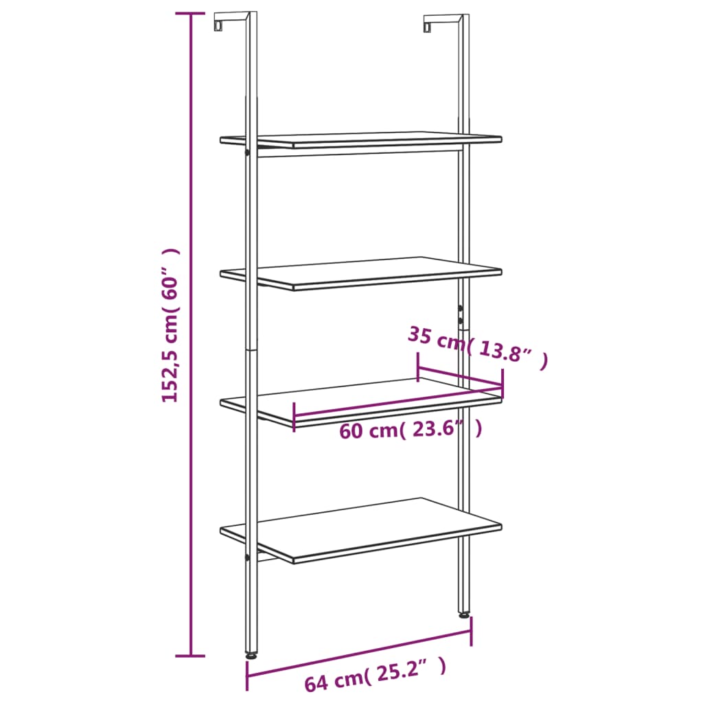 vidaXL 4-Tier Leaning Shelf Black 64x35x152.5 cm