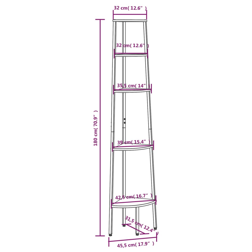 vidaXL 5-Tier Corner Shelf Dark Brown and Black 45.5x31.5x180 cm