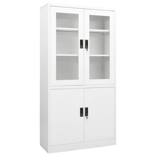 vidaXL Office Cabinet | White | Steel and Tempered Glass | Large