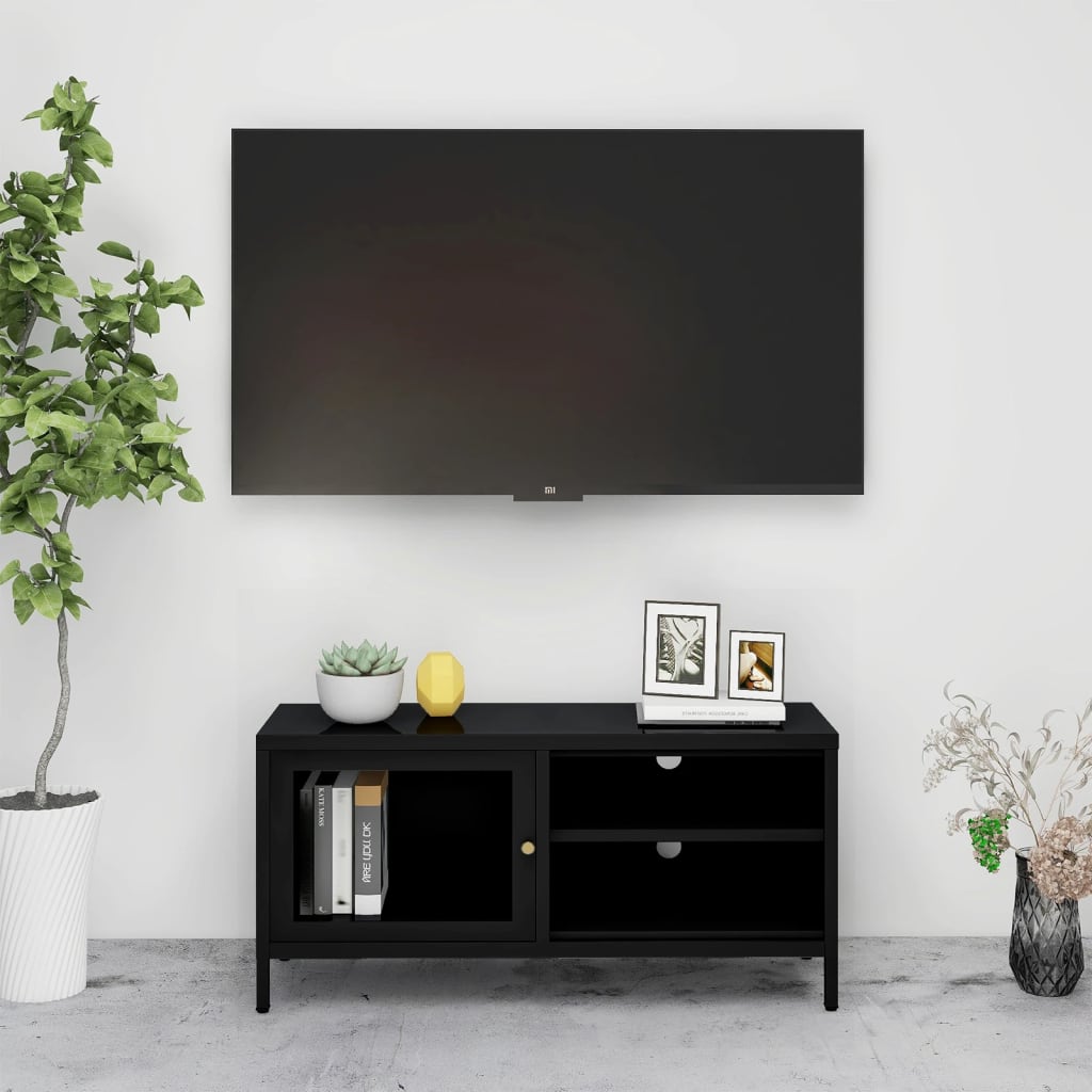 vidaXL TV Cabinet | Black | Black powder-coated steel, tempered glass