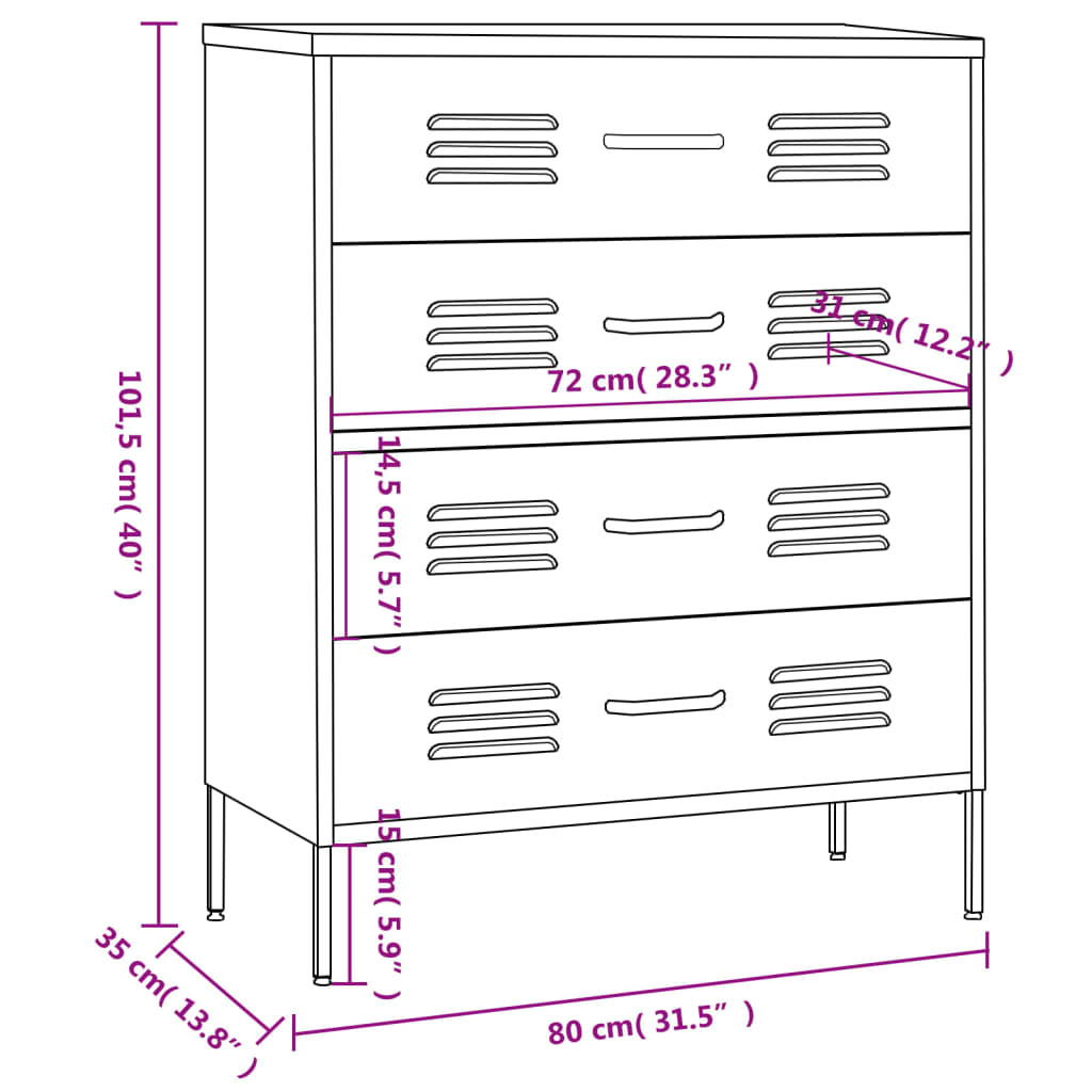 vidaXL Chest of Drawers Pink 80x35x101.5 cm Steel